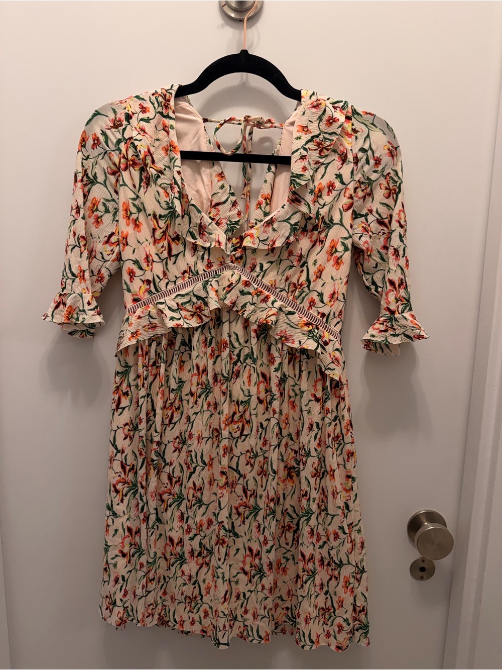 Topshop Cream Floral Ruffle V-Neck Dress with Orange & Green Print